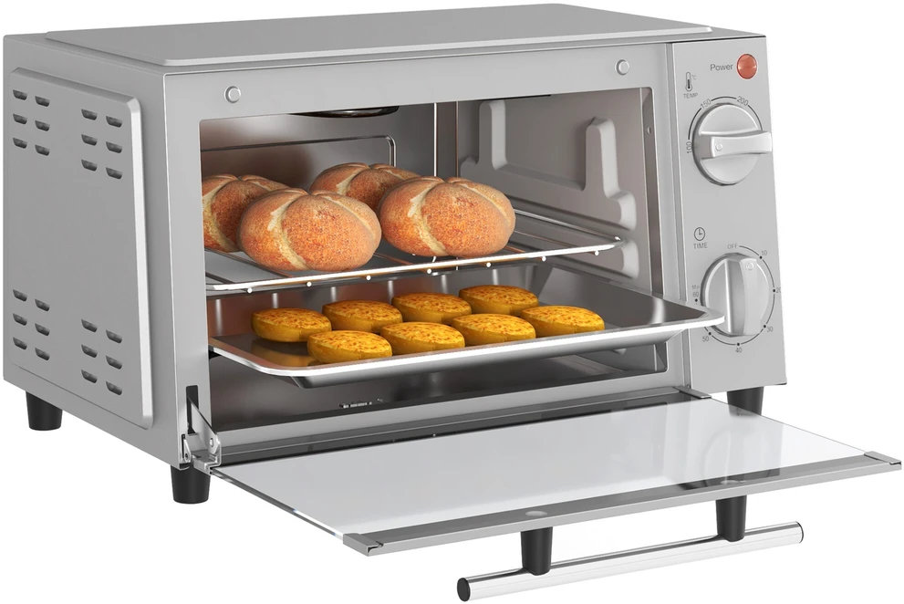 Elektrinė krosnelė HOMCOM 9L mini orkaitė su kepimo skarda, grotelėmis, 100 °C–230 °C, su reguliuojama temperatūra ir kepimo laiku, 60 min. laikmačiu, 750 W, nerūdijantis plienas, sidabrinė