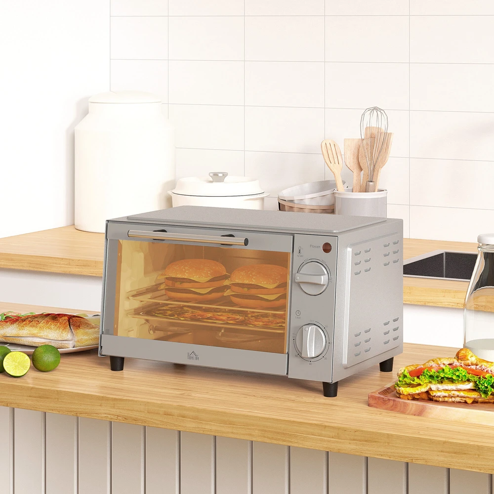Elektrinė krosnelė HOMCOM 9L mini orkaitė su kepimo skarda, grotelėmis, 100 °C–230 °C, su reguliuojama temperatūra ir kepimo laiku, 60 min. laikmačiu, 750 W, nerūdijantis plienas, sidabrinė