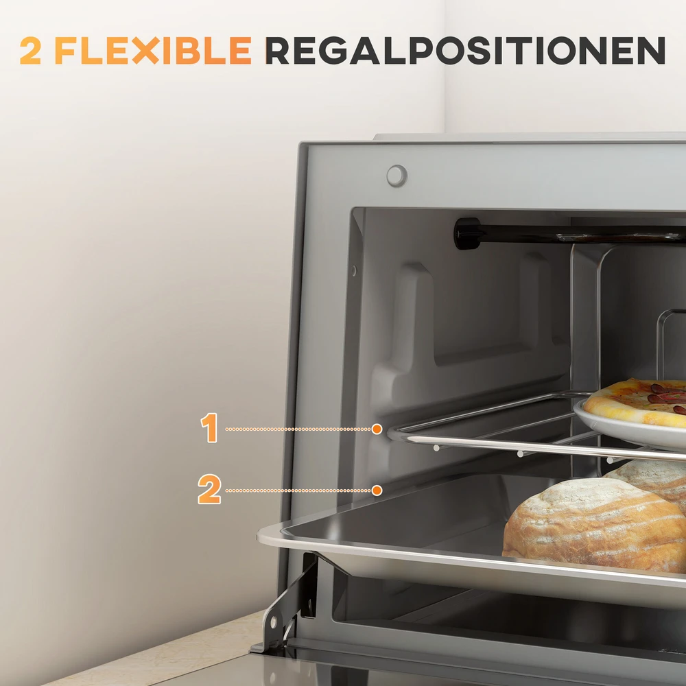 Elektrinė krosnelė HOMCOM 9L mini orkaitė su kepimo skarda, grotelėmis, 100 °C–230 °C, su reguliuojama temperatūra ir kepimo laiku, 60 min. laikmačiu, 750 W, nerūdijantis plienas, sidabrinė