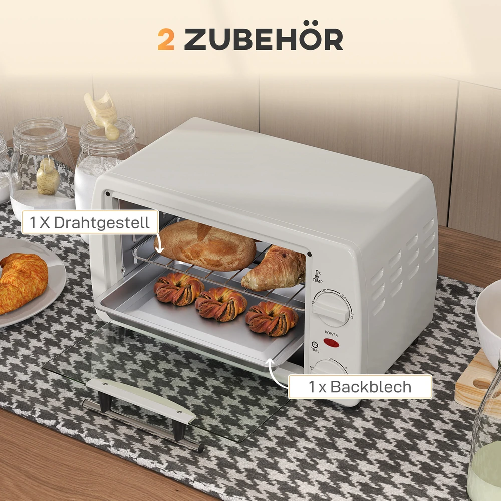 Elektrinė krosnelė HOMCOM mini orkaitė 10 litrų 750W maža elektrinė orkaitė su temperatūra iki 230 ℃, 60 minučių laikmačiu, kepimo skarda ir grotelėmis 36,5x26x22 cm, kreminė balta