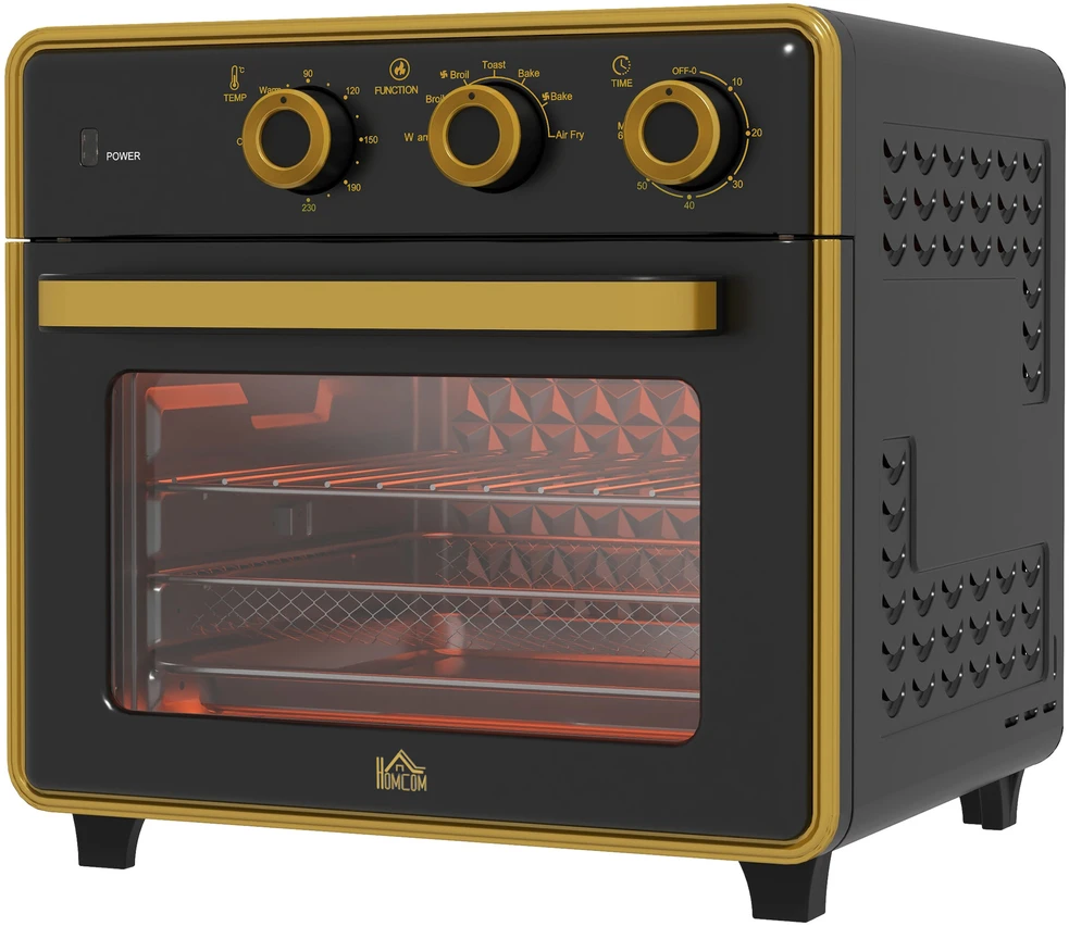 Elektrinė krosnelė HOMCOM 20 l mini orkaitė, picos orkaitė su konvekcijos funkcija, karšto oro orkaitė su kepimo skarda, grotelės, 90–230 ℃, 1400 W elektrinė mini orkaitė su 1 val. laikmačiu