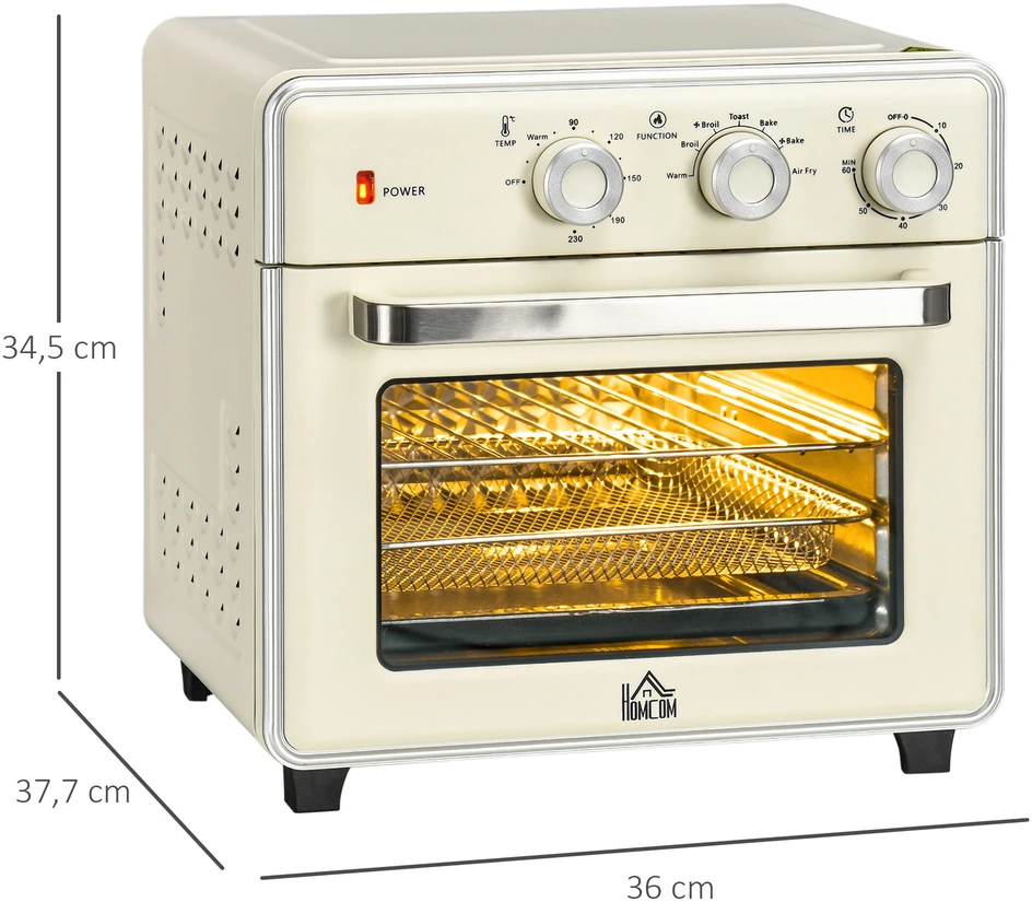 Elektrinė krosnelė HOMCOM mini orkaitė su konvekcija 20L, 7-viename picos orkaitė su kepimo skardų rinkiniu, gruzdinimo krepšeliu, trupinių padėklu, 1 val. laikmačiu, 1400 W, kreminės baltos spalvos