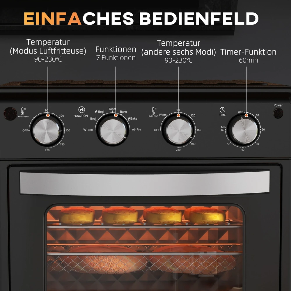Elektrinė krosnelė HOMCOM mini orkaitė su konvekcija, 30 l, su kepimo skarda, grotelėmis ir trupinių padėklu, 90–230 °C orinė gruzdintuvė su 7 režimais, krepšeliu kepimui, 60 min. laikmačiu, 1600 W, metalinė | Aosom