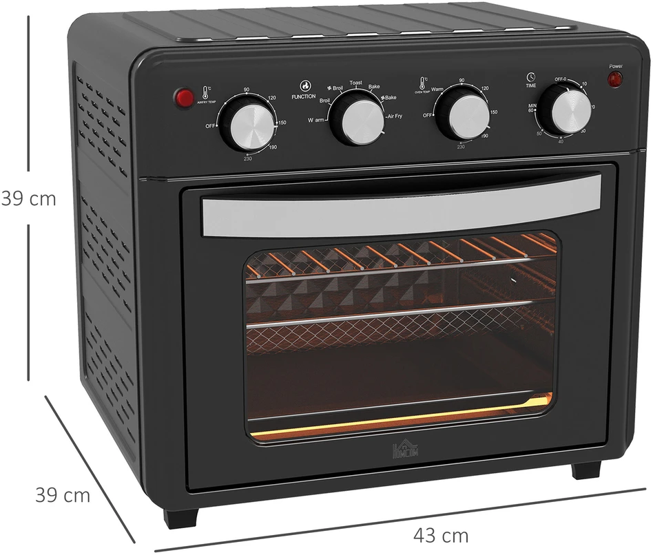 Elektrinė krosnelė HOMCOM mini orkaitė su konvekcija, 30 l, su kepimo skarda, grotelėmis ir trupinių padėklu, 90–230 °C orinė gruzdintuvė su 7 režimais, krepšeliu kepimui, 60 min. laikmačiu, 1600 W, metalinė | Aosom