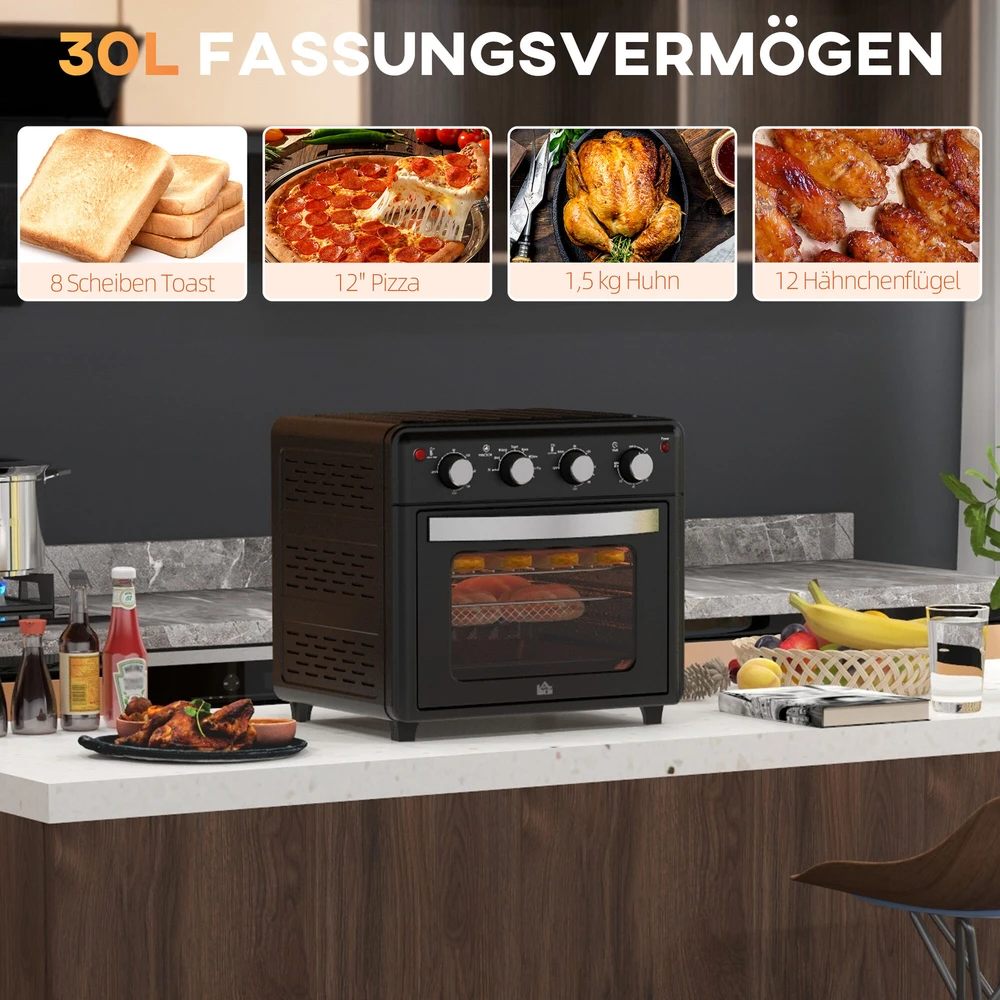 Elektrinė krosnelė HOMCOM mini orkaitė su konvekcija, 30 l, su kepimo skarda, grotelėmis ir trupinių padėklu, 90–230 °C orinė gruzdintuvė su 7 režimais, krepšeliu kepimui, 60 min. laikmačiu, 1600 W, metalinė | Aosom