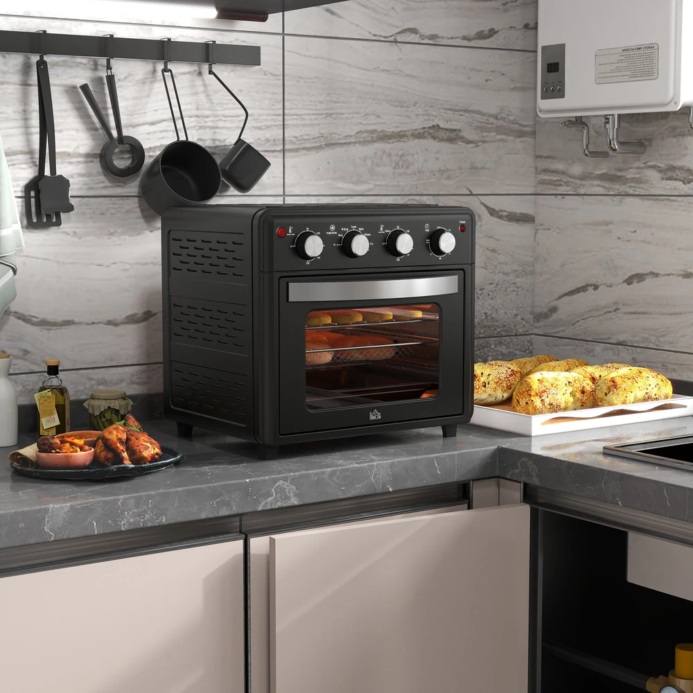 Elektrinė krosnelė HOMCOM mini orkaitė su konvekcija, 30 l, su kepimo skarda, grotelėmis ir trupinių padėklu, 90–230 °C orinė gruzdintuvė su 7 režimais, krepšeliu kepimui, 60 min. laikmačiu, 1600 W, metalinė | Aosom