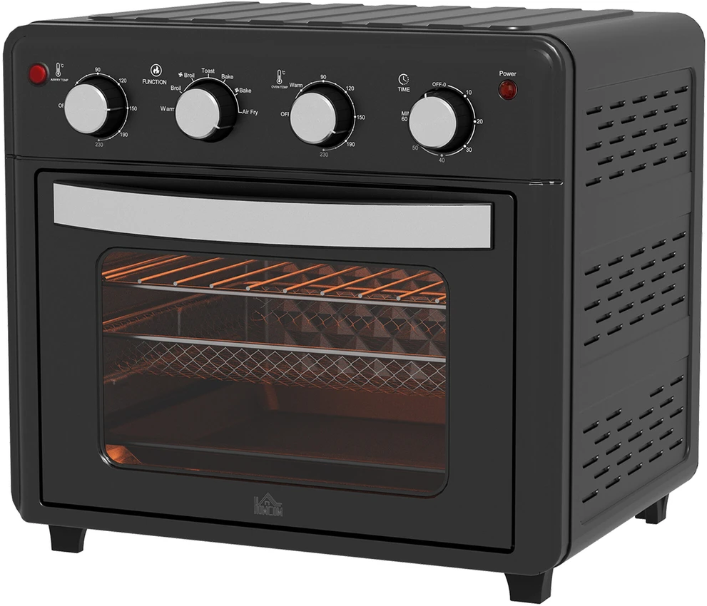 Elektrinė krosnelė HOMCOM mini orkaitė su konvekcija, 30 l, su kepimo skarda, grotelėmis ir trupinių padėklu, 90–230 °C orinė gruzdintuvė su 7 režimais, krepšeliu kepimui, 60 min. laikmačiu, 1600 W, metalinė | Aosom