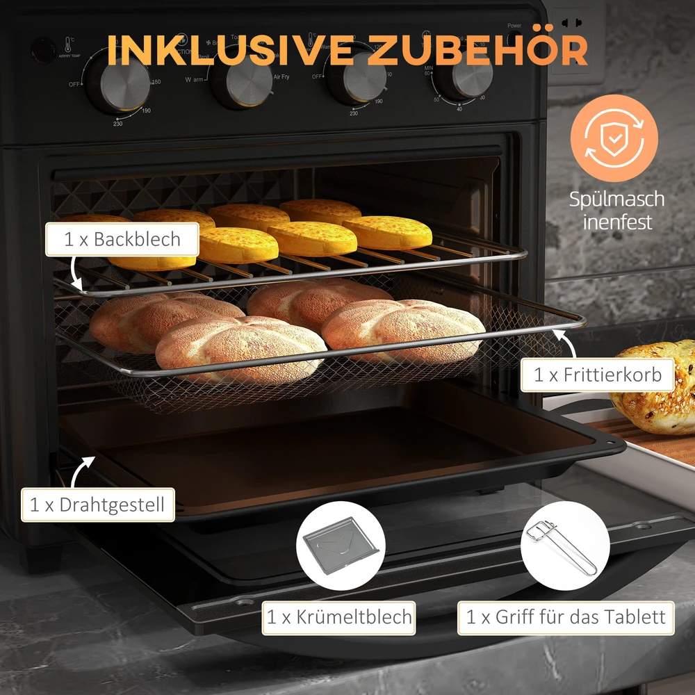 Elektrinė krosnelė HOMCOM mini orkaitė su konvekcija, 30 l, su kepimo skarda, grotelėmis ir trupinių padėklu, 90–230 °C orinė gruzdintuvė su 7 režimais, krepšeliu kepimui, 60 min. laikmačiu, 1600 W, metalinė | Aosom