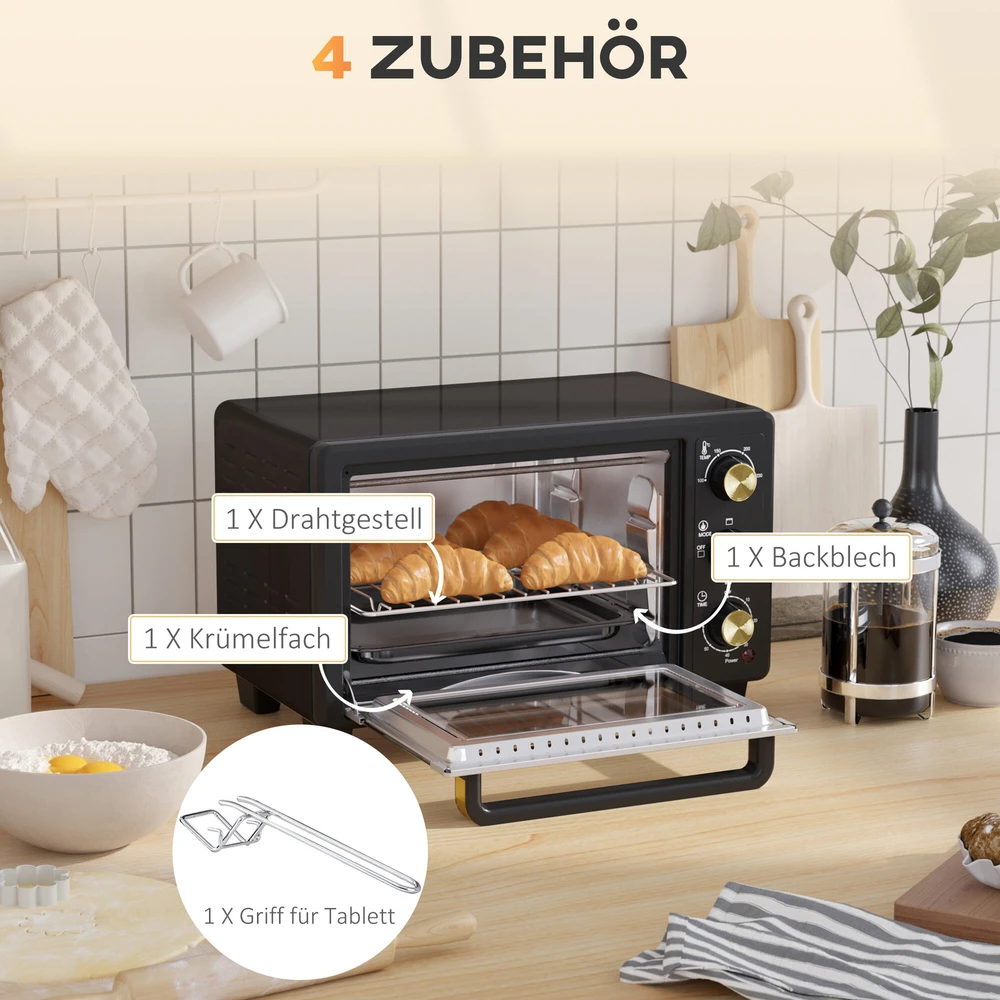 Kaitlentė "HOMCOM" mini orkaitė 16 L 1400 W Mini orkaitė 100-230 ℃ 60 min. laikmatis, su grilio grotelėmis ir kepimo skardomis, picų kepimo krosnelė su dėklo rankena, trupinių padėklas juodas