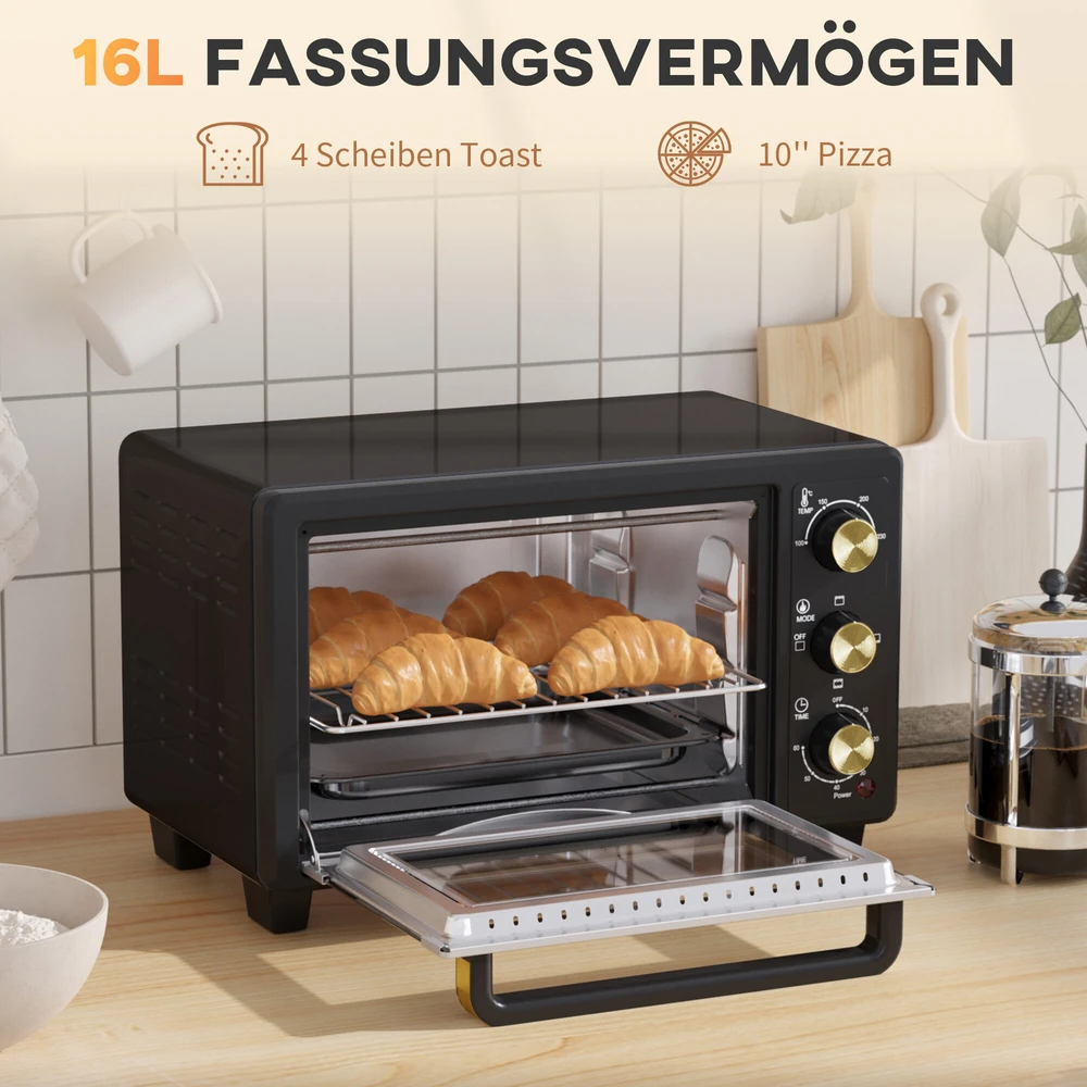 Kaitlentė "HOMCOM" mini orkaitė 16 L 1400 W Mini orkaitė 100-230 ℃ 60 min. laikmatis, su grilio grotelėmis ir kepimo skardomis, picų kepimo krosnelė su dėklo rankena, trupinių padėklas juodas