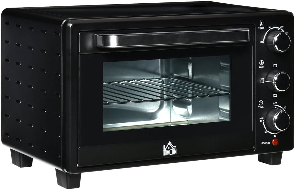 Elektrinė krosnelė HOMCOM mini orkaitė 21L, 3 gaminimo režimai, 100°C-230°C, 1400W, nerūdijantis plienas ir stiklas, juoda+sidabrinė, 46,4x38x28,5cm