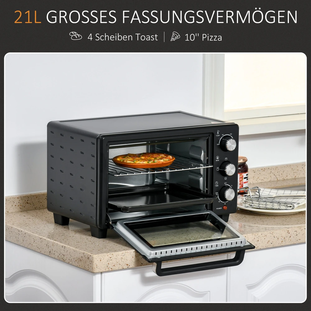 Elektrinė krosnelė HOMCOM mini orkaitė 21L, 3 gaminimo režimai, 100°C-230°C, 1400W, nerūdijantis plienas ir stiklas, juoda+sidabrinė, 46,4x38x28,5cm