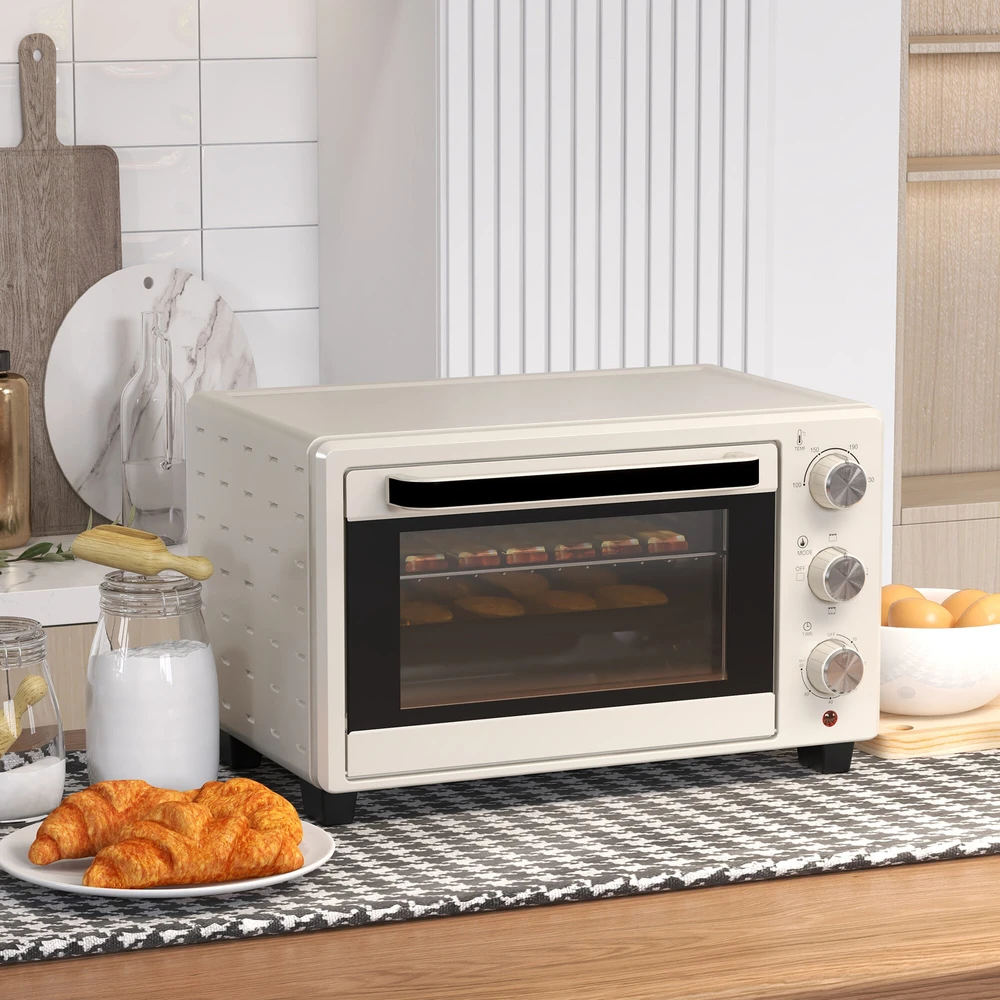 Elektrinė krosnelė HOMCOM mini orkaitė 21 l, picos orkaitė, mini orkaitė su kepimo skarda, grotelėmis ir trupinių padėklu, 1400 W, stalinė orkaitė, 1 val. laikmatis, 100–230 °C, metalinė, kreminės spalvos