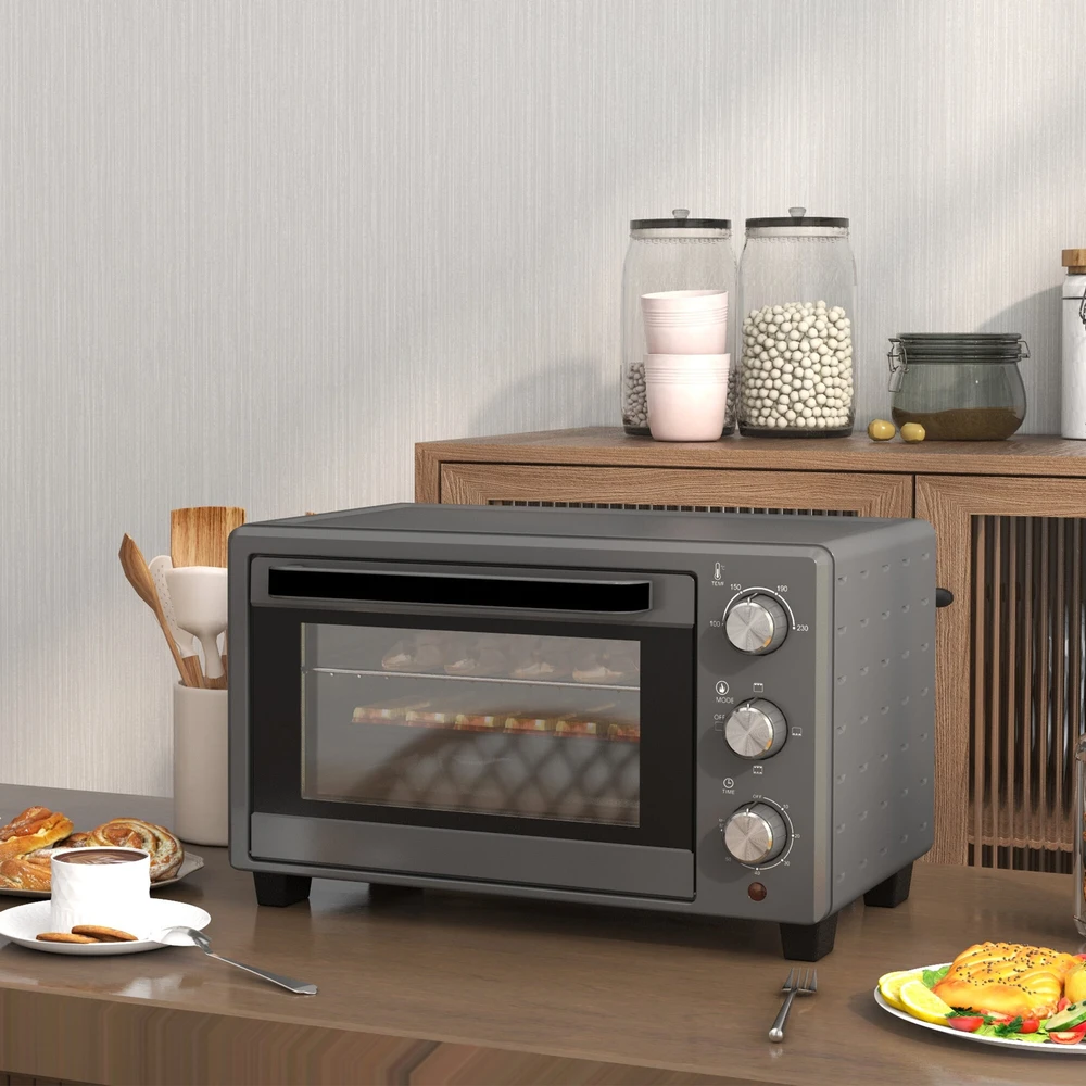 Elektrinė krosnelė HOMCOM mini orkaitė 21L 1400W 60 min. laikmatis, maža orkaitė su 100 °C–230 °C reguliuojama temperatūra ir kepimo laiku, mini orkaitė su kepimo skarda, grotelėmis, stalinis orkaitės modelis iš nerūdijančio plieno, pilka