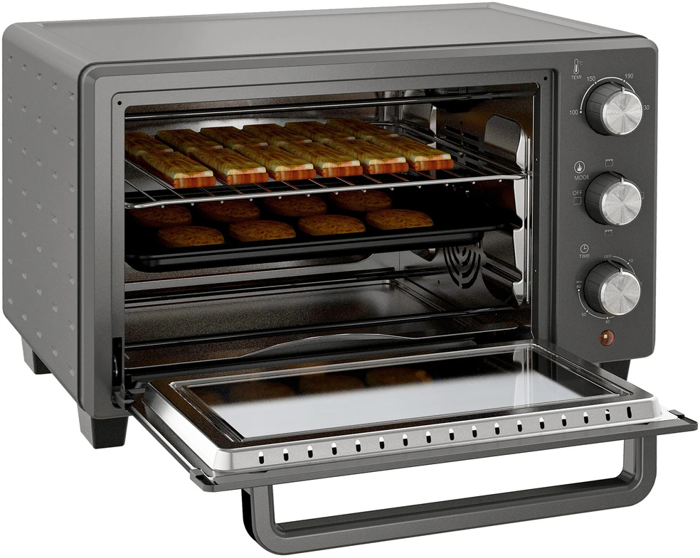 Elektrinė krosnelė HOMCOM mini orkaitė 21L 1400W 60 min. laikmatis, maža orkaitė su 100 °C–230 °C reguliuojama temperatūra ir kepimo laiku, mini orkaitė su kepimo skarda, grotelėmis, stalinis orkaitės modelis iš nerūdijančio plieno, pilka