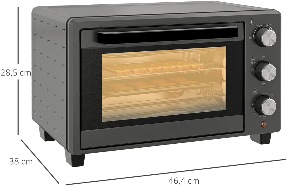 Elektrinė krosnelė HOMCOM mini orkaitė 21L 1400W 60 min. laikmatis, maža orkaitė su 100 °C–230 °C reguliuojama temperatūra ir kepimo laiku, mini orkaitė su kepimo skarda, grotelėmis, stalinis orkaitės modelis iš nerūdijančio plieno, pilka