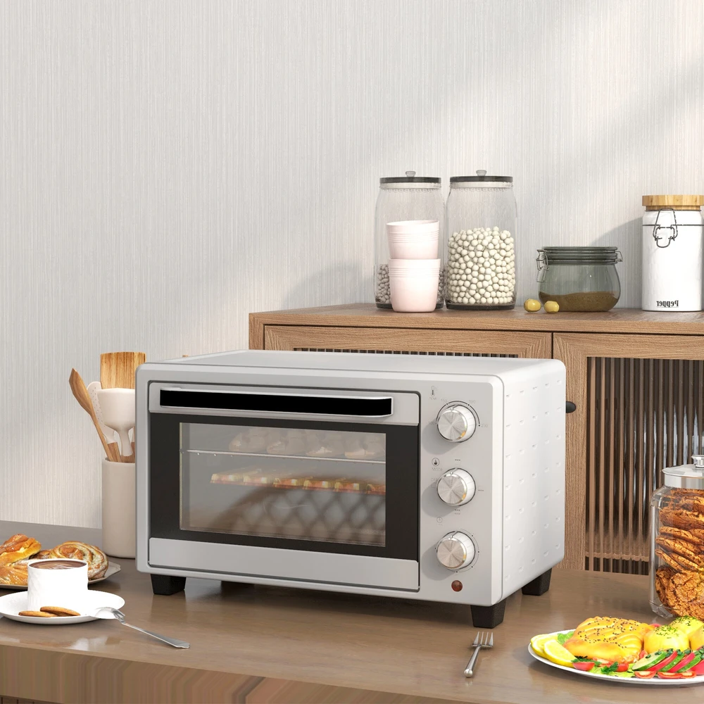 Elektrinė krosnelė HOMCOM mini orkaitė 21L picų orkaitė, mini orkaitė su kepimo skarda, grotelėmis ir trupinių padėklu, 1400W stalinė orkaitė su 1 val. laikmačiu, 100-230 ℃, metalinė, sidabrinė