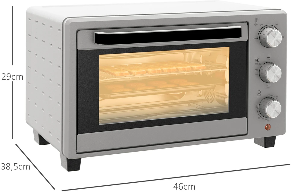 Elektrinė krosnelė HOMCOM mini orkaitė 21L picų orkaitė, mini orkaitė su kepimo skarda, grotelėmis ir trupinių padėklu, 1400W stalinė orkaitė su 1 val. laikmačiu, 100-230 ℃, metalinė, sidabrinė