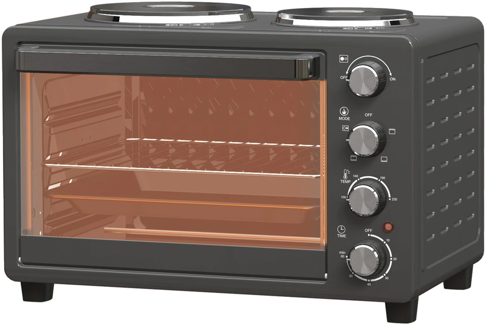 Elektrinė krosnelė HOMCOM mini orkaitė, 28 l, 2600 W, 100–230 °C, 60 min. laikmatis, su 2 kaitlentėmis, kepimo skarda ir grotelėmis, picų orkaitė su padėklu trupiniams ir skardos rankenėle, juoda