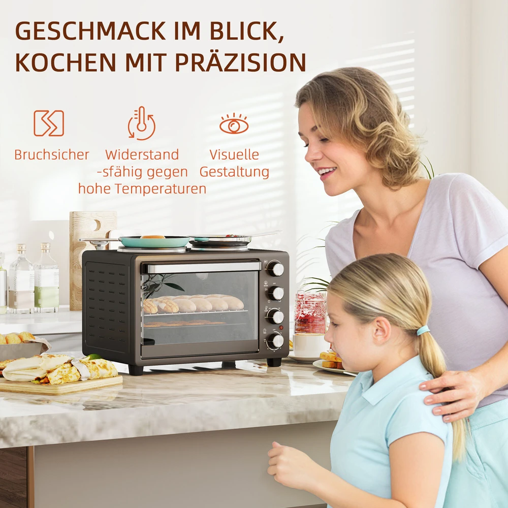 Elektrinė krosnelė HOMCOM mini orkaitė, 28 l, 2600 W, 100–230 °C, 60 min. laikmatis, su 2 kaitlentėmis, kepimo skarda ir grotelėmis, picų orkaitė su padėklu trupiniams ir skardos rankenėle, juoda