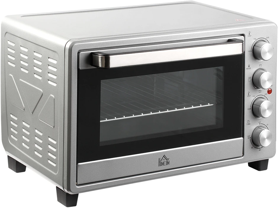 Gruzdintuvė HOMCOM mini orkaitė 32L, 1600W, elektrinė orkaitė su trupinių padėklu, nerūdijantis plienas ir stiklas, sidabrinė, 52,2x38,1x33,5cm