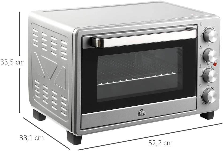 Gruzdintuvė HOMCOM mini orkaitė 32L, 1600W, elektrinė orkaitė su trupinių padėklu, nerūdijantis plienas ir stiklas, sidabrinė, 52,2x38,1x33,5cm