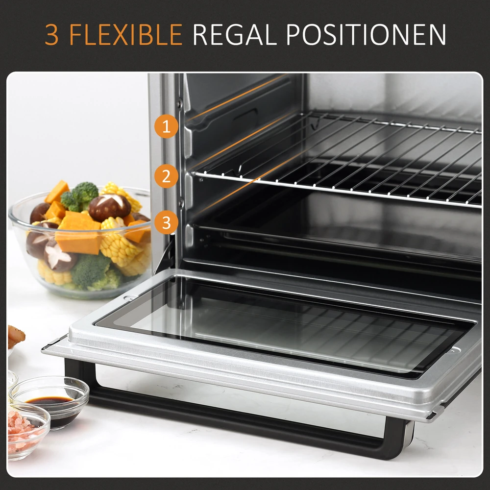 Gruzdintuvė HOMCOM mini orkaitė 32L, 1600W, elektrinė orkaitė su trupinių padėklu, nerūdijantis plienas ir stiklas, sidabrinė, 52,2x38,1x33,5cm