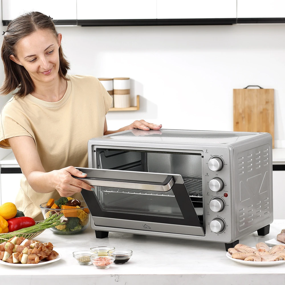 Gruzdintuvė HOMCOM mini orkaitė 32L, 1600W, elektrinė orkaitė su trupinių padėklu, nerūdijantis plienas ir stiklas, sidabrinė, 52,2x38,1x33,5cm
