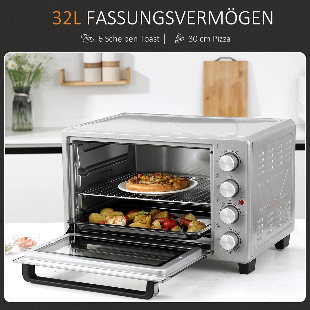 Gruzdintuvė HOMCOM mini orkaitė 32L, 1600W, elektrinė orkaitė su trupinių padėklu, nerūdijantis plienas ir stiklas, sidabrinė, 52,2x38,1x33,5cm