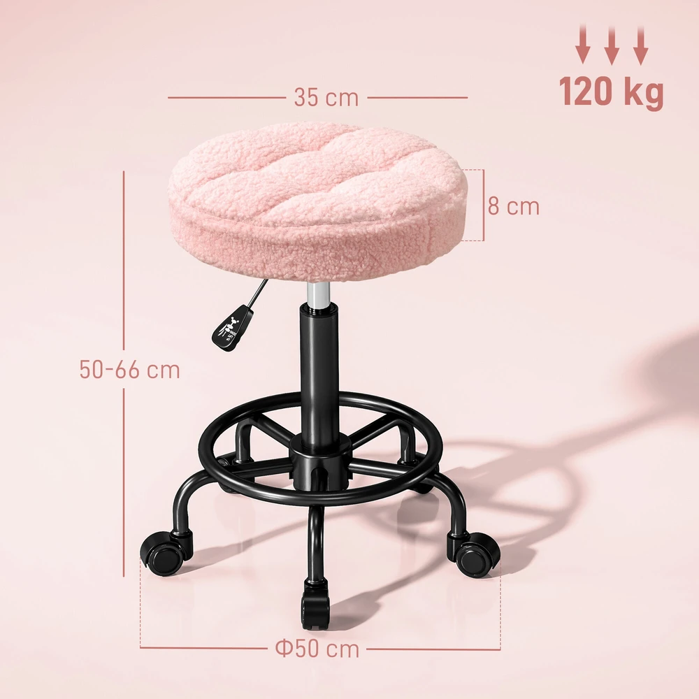 HOMCOM reguliuojamo aukščio kėdė su ratukais, besisukanti 360° kėdė 50-66 cm, darbo kėdė, biuro kėdė, kėdė biurui, salonui, masažui, SPA, rožinė