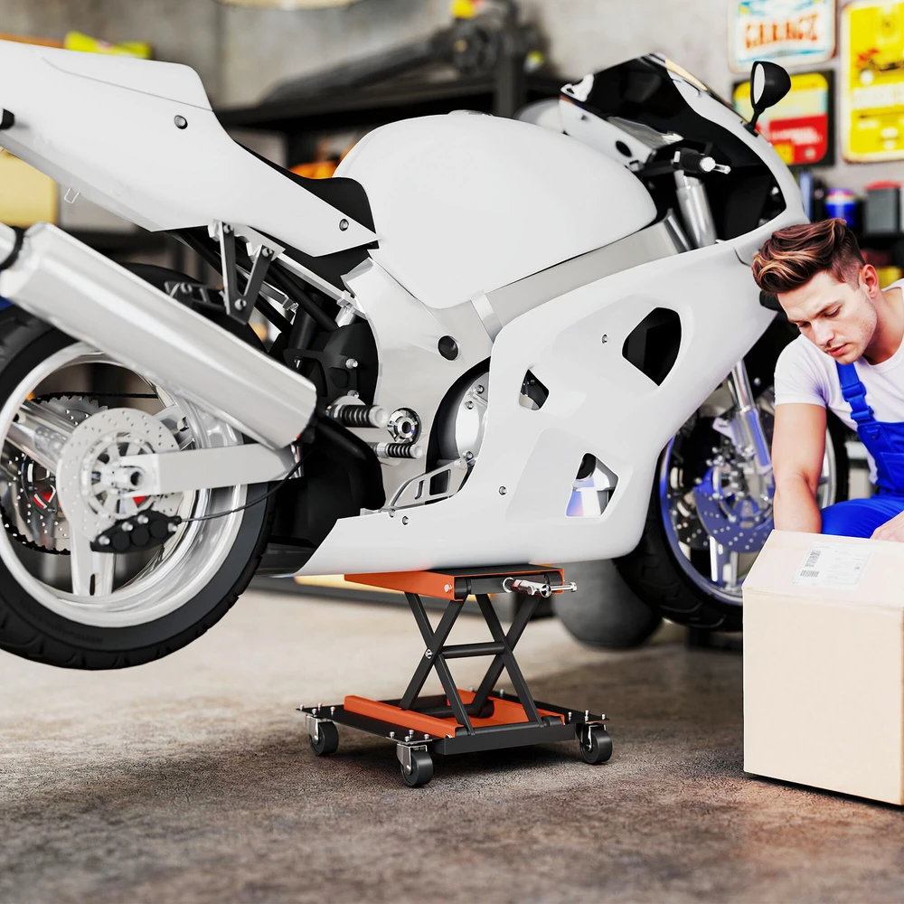 HOMCOM 500 kg motociklo keltuvas, reguliuojamas aukštis 135-390 mm, žirklinis keltuvas motociklų ir dviračių remontui garaže ir lauke