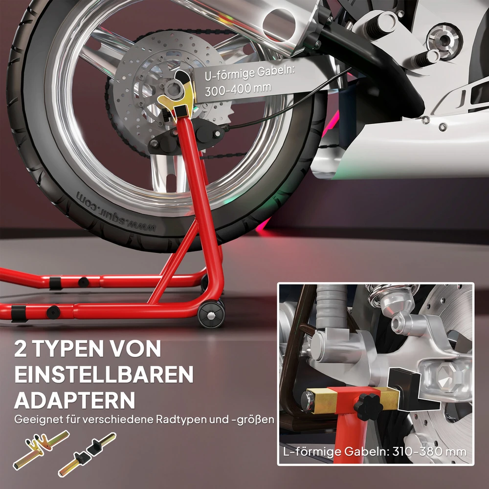 HOMCOM motociklo stovų rinkinys priekiniam/galiniam ratui, motociklo keltuvas iki 544 kg, plieno, raudonas