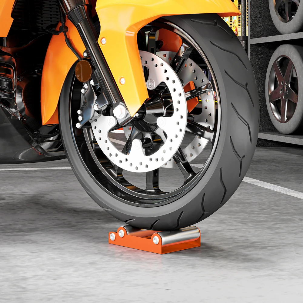 HOMCOM motociklo ratų remonto stovas, ratų sukimo įrankis, oranžinis, iki 180 mm pločio padangoms