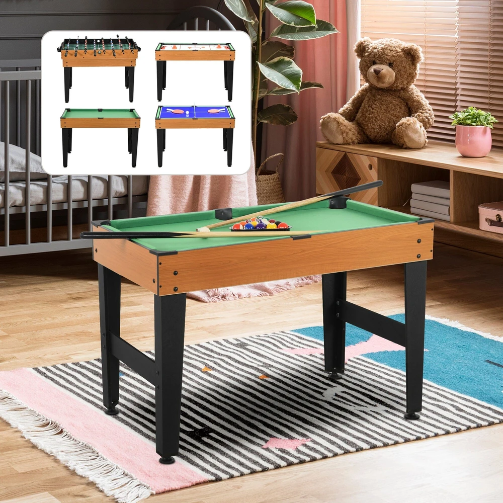 "HOMCOM 4 in 1" daugiafunkcinis žaidimų stalas, vakarėlių žaidimų stalas su stalo tenisu, stalo futbolu, biliardu, stalo ledo rituliu, skirtas linksmybėms su keliais žaidėjais, plienas, natūralus medis + juoda spalva