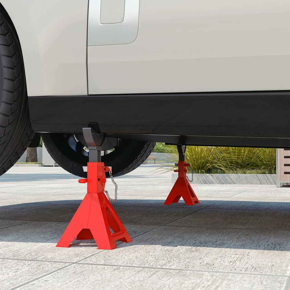 HOMCOM atraminiai stovai automobiliui, 3 tonų talpa, 2 vnt., su fiksavimo kaiščiu, 10 lygių reguliuojamas aukštis 290–410 mm, domkratų stovai dirbtuvėms ar garažui, raudoni
