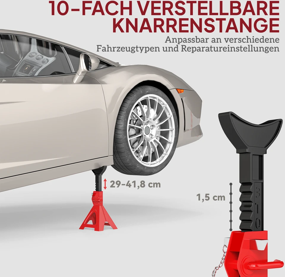 HOMCOM atraminiai stovai automobiliui, 3 tonų talpa, 2 vnt., su fiksavimo kaiščiu, 10 lygių reguliuojamas aukštis 290–410 mm, domkratų stovai dirbtuvėms ar garažui, raudoni