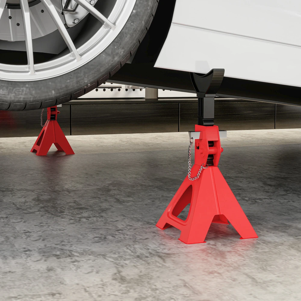 HOMCOM atraminiai stovai automobiliui, 3 tonų talpa, 2 vnt., su fiksavimo kaiščiu, 10 lygių reguliuojamas aukštis 290–410 mm, domkratų stovai dirbtuvėms ar garažui, raudoni