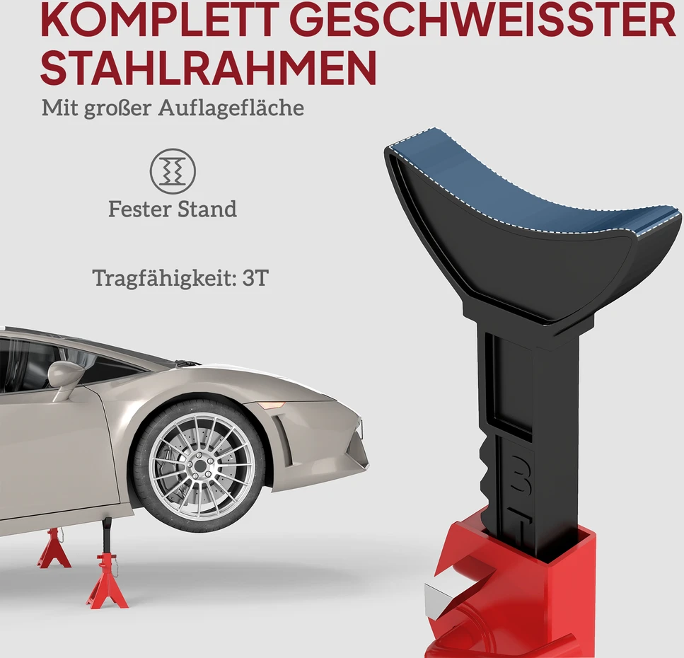 HOMCOM atraminiai stovai automobiliui, 3 tonų talpa, 2 vnt., su fiksavimo kaiščiu, 10 lygių reguliuojamas aukštis 290–410 mm, domkratų stovai dirbtuvėms ar garažui, raudoni