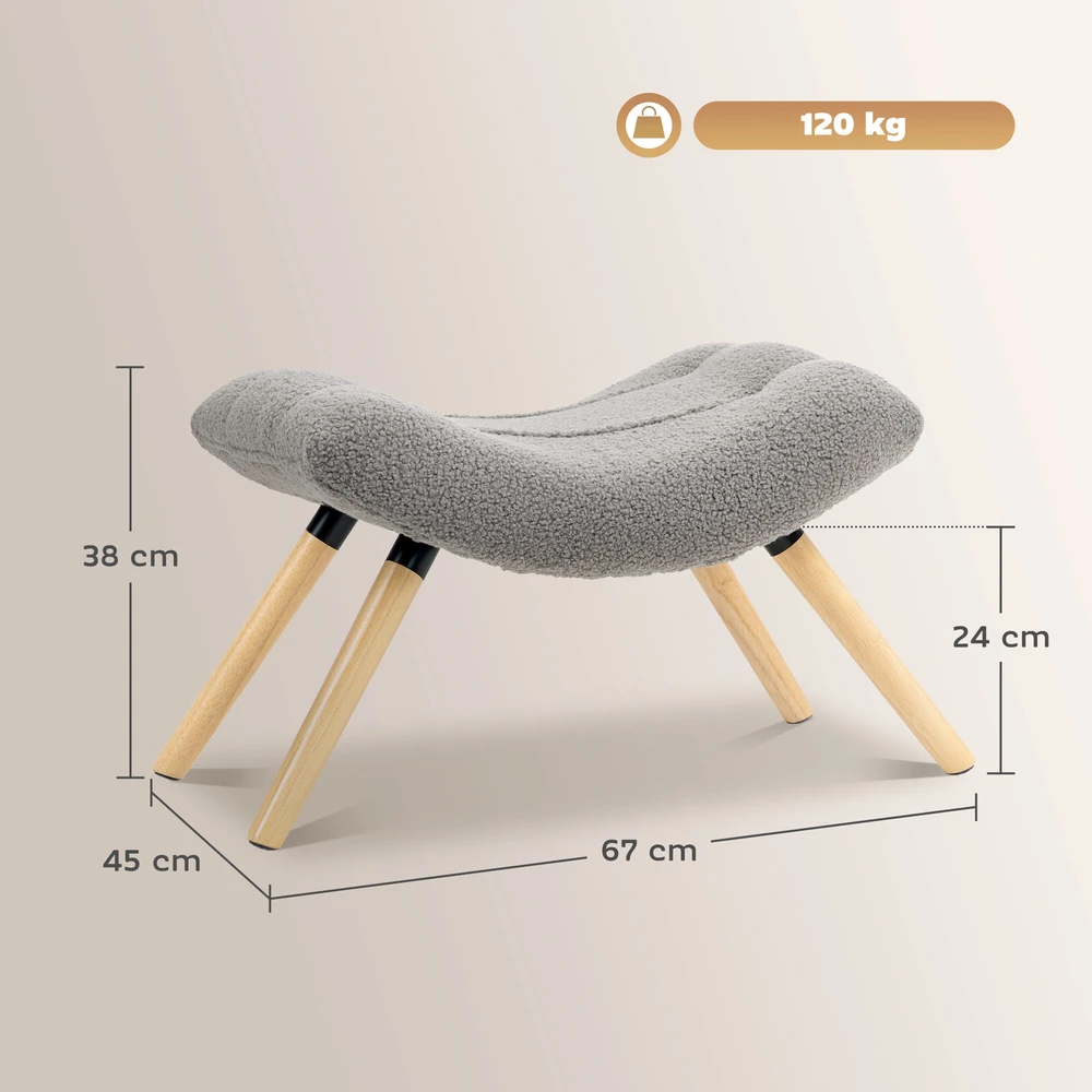 HOMCOM sėdima taburetė, kojų atrama su berberų vilnos audiniu, paminkštinta taburetė iki 120 kg, svetainei, miegamajam, 67 x 45 x 38 cm, šviesiai pilka