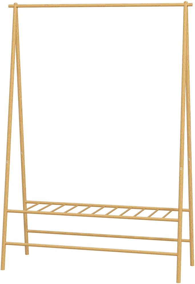 HOMCOM bambukinis drabužių stovas, kabykla su lentynomis ir kabliukais, drabužių kabykla su skersiniu, skirta koridoriui, svetainei, miegamajam, 116 x 43,5 x 160 cm, natūralaus medžio spalvos