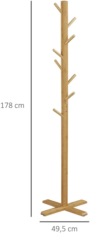 HOMCOM Paltų kabykla iš bambuko su 8 kabliukais, prieškambario, miegamojo, natūrali, 49.5x49.5x178cm