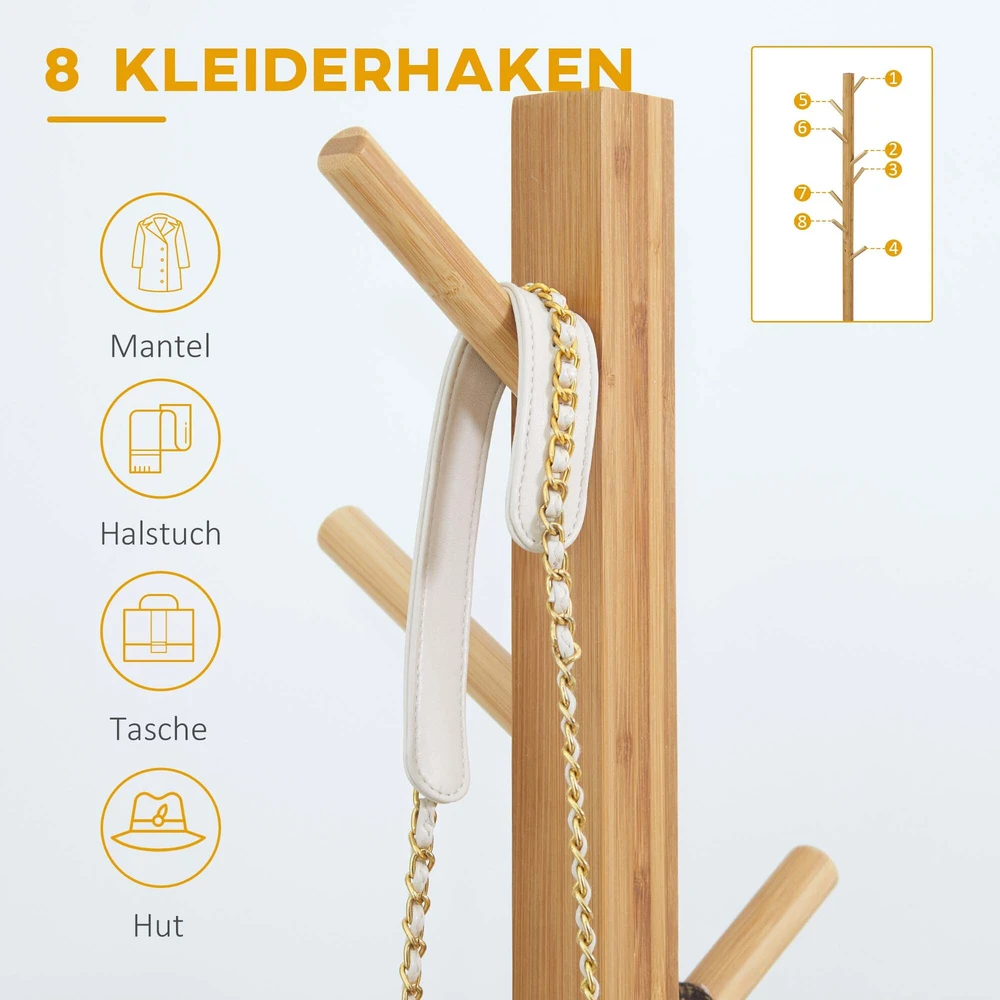 HOMCOM Paltų kabykla iš bambuko su 8 kabliukais, prieškambario, miegamojo, natūrali, 49.5x49.5x178cm