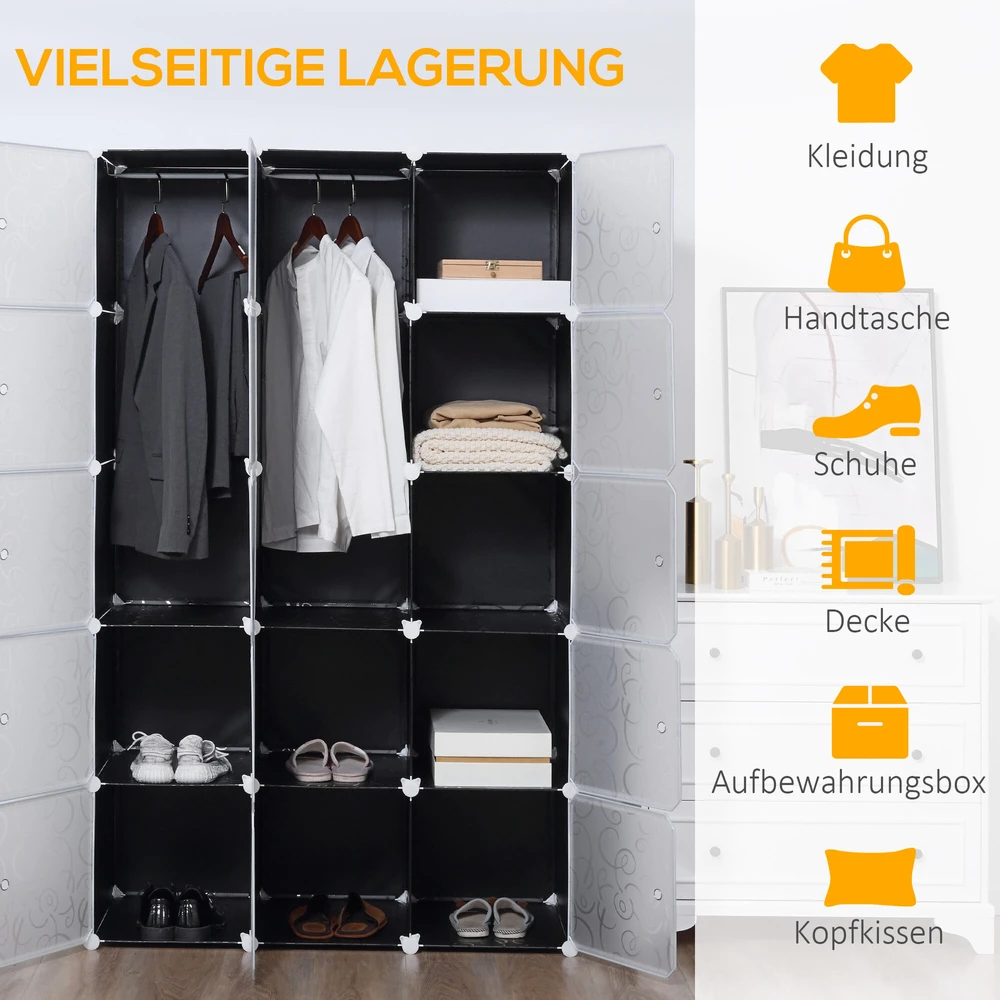 HOMCOM DIY drabužių spinta, lentynų sistema su 2 dideliais ir 9 mažais kubais, modulinė lentyna, batų lentyna, knygų ir žaislų laikymo lentyna, juoda, 111 x 47 x 183 cm