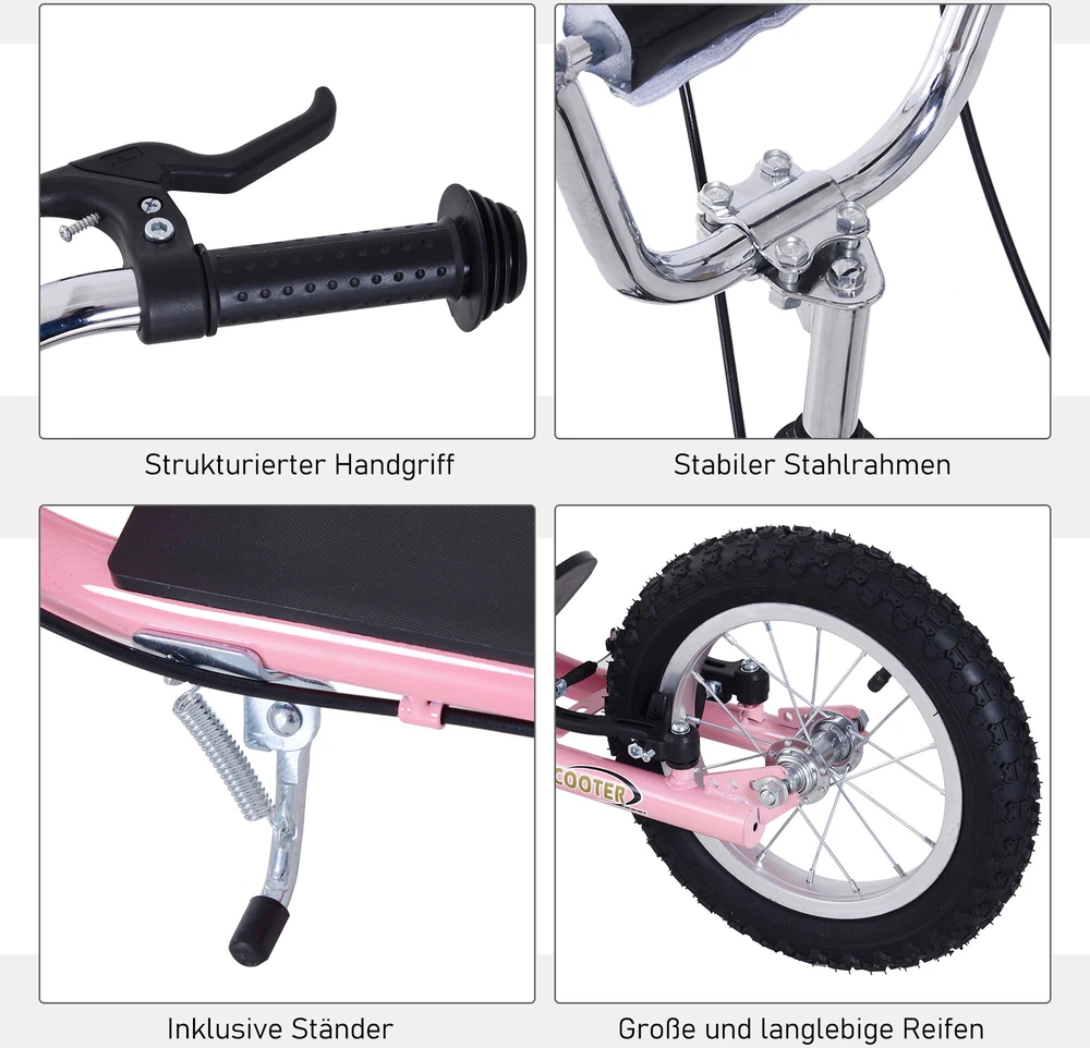 HOMCOM Vaikiškas paspirtukas su stabdžiais 16/12 colių paspirtukas pedalinis paspirtukas miesto paspirtukas vaikų paspirtukas kickboard 5+ metų vaikams rožinis 135 x 58 x 92-100 cm