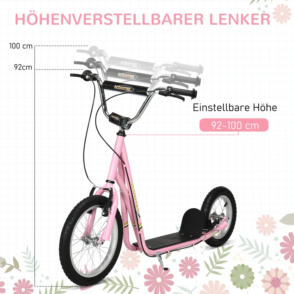 HOMCOM Vaikiškas paspirtukas su stabdžiais 16/12 colių paspirtukas pedalinis paspirtukas miesto paspirtukas vaikų paspirtukas kickboard 5+ metų vaikams rožinis 135 x 58 x 92-100 cm