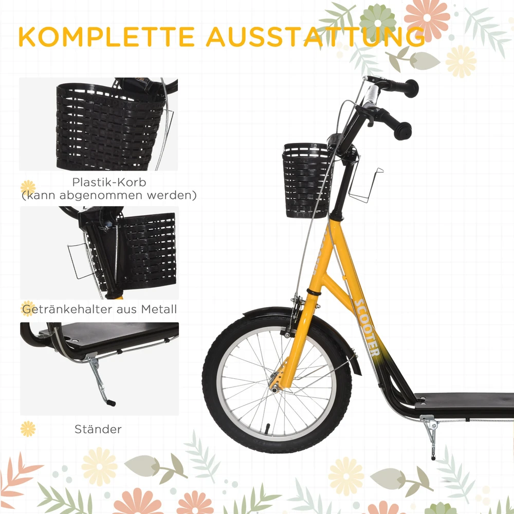 Reguliuojamo aukščio paspirtukas HOMCOM vaikams su dideliais guminiais ratukais, 2 stabdžiais, krepšeliu, puodelio laikikliu, 5-12 metų vaikams, oranžinis | Aosom