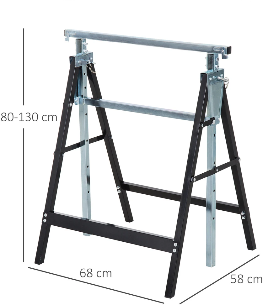 HOMCOM 2 x statybiniai ožiai, reguliuojamo aukščio iki 200 kg, plieniniai, juodi, 68 x 58 x 80-130 cm
