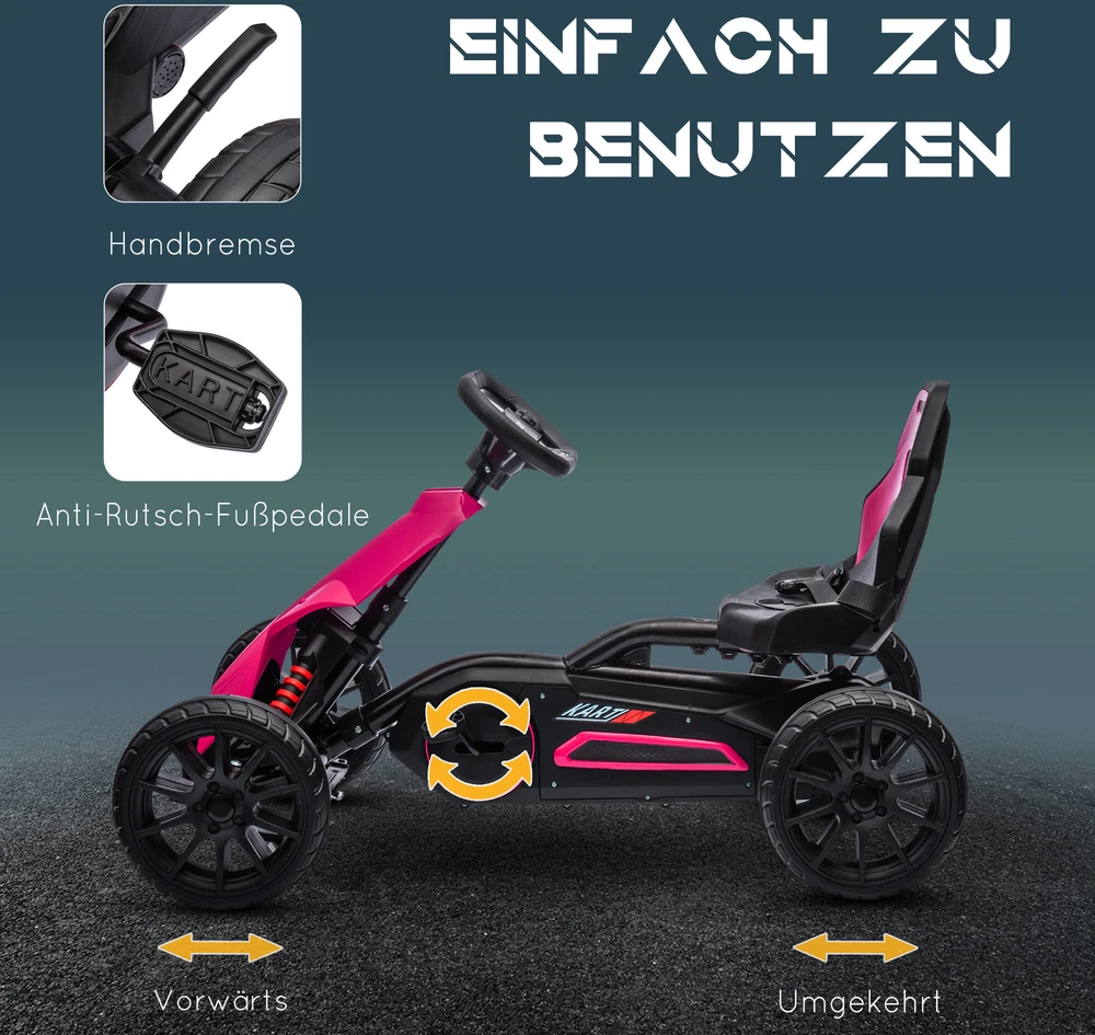HOMCOM Gokart pedalinis automobilis su rankiniu stabdžiu, reguliuojama sėdyne, priekine ir atbuline pavara, vaikiška transporto priemonė, pedalinis automobilis vaikams nuo 3–8 metų, rožinis