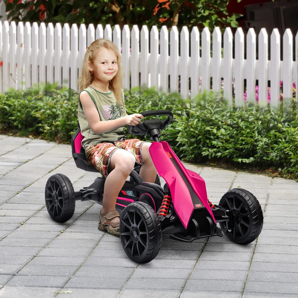 HOMCOM Gokart pedalinis automobilis su rankiniu stabdžiu, reguliuojama sėdyne, priekine ir atbuline pavara, vaikiška transporto priemonė, pedalinis automobilis vaikams nuo 3–8 metų, rožinis