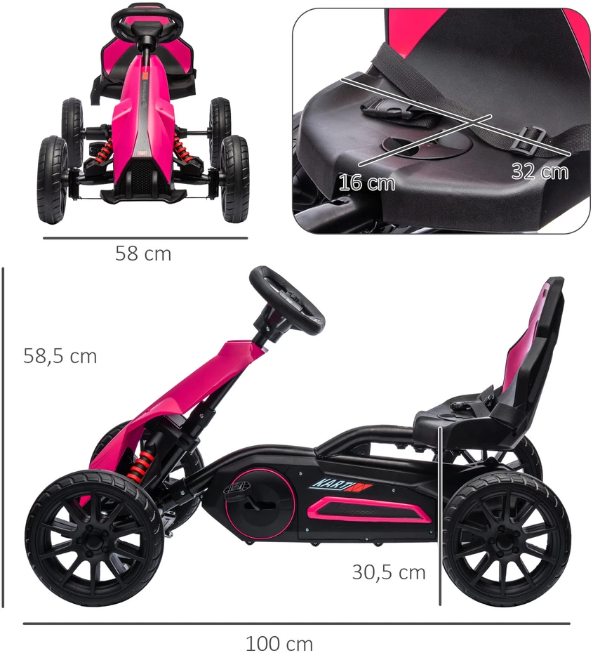 HOMCOM Gokart pedalinis automobilis su rankiniu stabdžiu, reguliuojama sėdyne, priekine ir atbuline pavara, vaikiška transporto priemonė, pedalinis automobilis vaikams nuo 3–8 metų, rožinis
